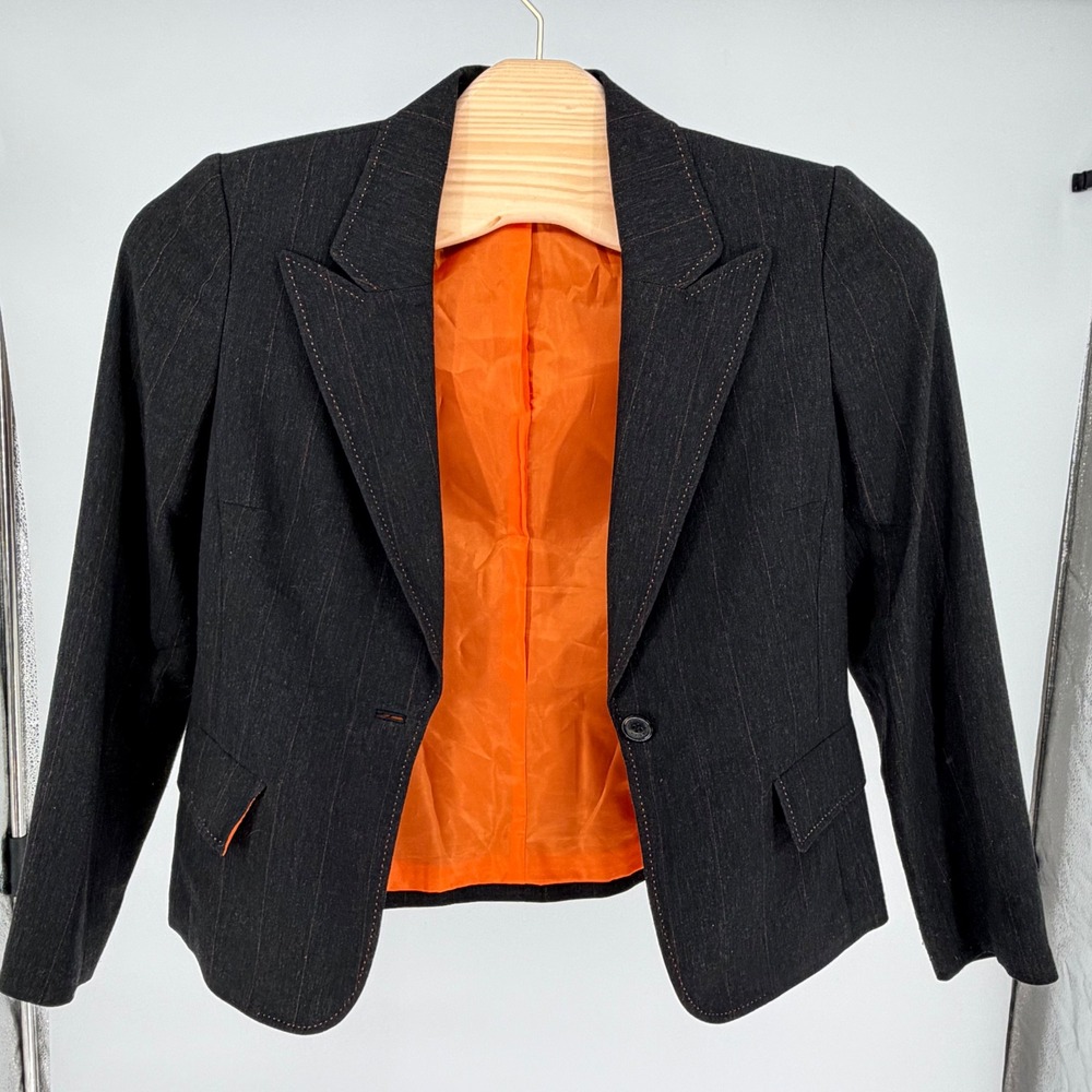 Anne Klein Blazer 14 Gray Pinstripe Single Button Contrast Stitch Notched Lapel - Picture 4 of 9